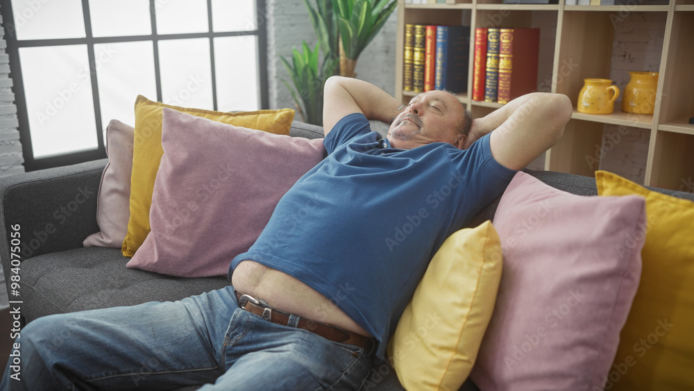 Obraz premium A relaxed bald man reclining on a colorful sofa with cushions in a cozy living room setting