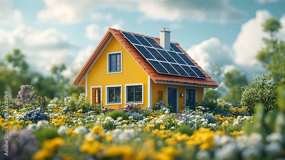 A cheerful 3D cartoon illustration of a modern home with solar panels, promoting clean energy and sustainability, with a focus on bright colors and eco-friendly living. A cheerful 3D cartoon illustration of a modern home with solar panels, promoting clean energy and sustainability, with a focus on bright colors and eco-friendly living.