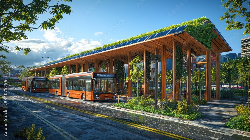 Fototapeta premium An eco-friendly wooden bus station in an urban area, featuring solar roofs, rainwater collection systems, and green walls
