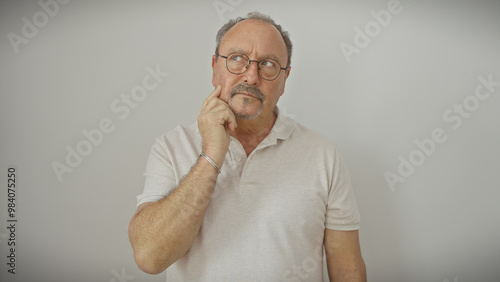 A pensive mature man with glasses and a moustache against a white background contemplates deeply.