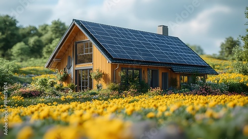 A bright and eco-friendly home with solar panels, animated in a colorful 3D cartoon style, emphasizing renewable energy in a modern, sustainable lifestyle.