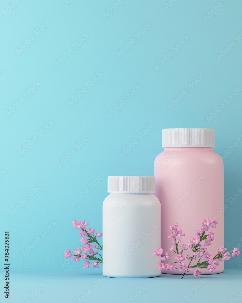 Aesthetic display of two cosmetic bottles beside delicate pink flowers on a soft blue background, ideal for beauty products. Aesthetic display of two cosmetic bottles beside delicate pink flowers on a soft blue background, ideal for beauty products.