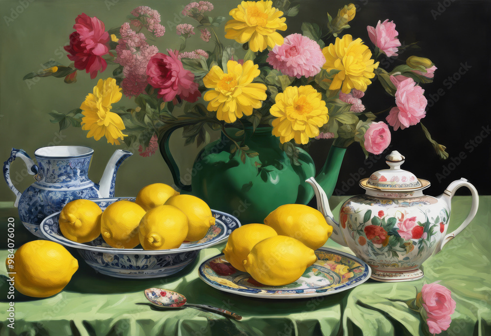 Vibrant Floral and Citrus Still Life with Ornate Teapots Vibrant Floral and Citrus Still Life with Ornate Teapots