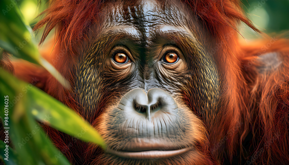 Obraz premium Ojos y mirada de la naturaleza, Orangutan, Pongo. Animales, fauna, planeta Tierra, biodiversidad, Ecosistema