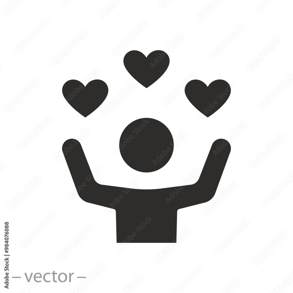 happy human icon, positive emotions, man with hearts, flat vector illustration on white background happy human icon, positive emotions, man with hearts, flat vector illustration on white background