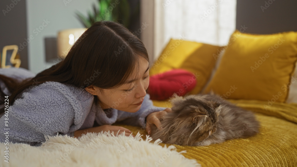 Young asian woman petting her cat on a cozy bed in a stylish bedroom with warm, inviting colors and soft textures. Young asian woman petting her cat on a cozy bed in a stylish bedroom with warm, inviting colors and soft textures.