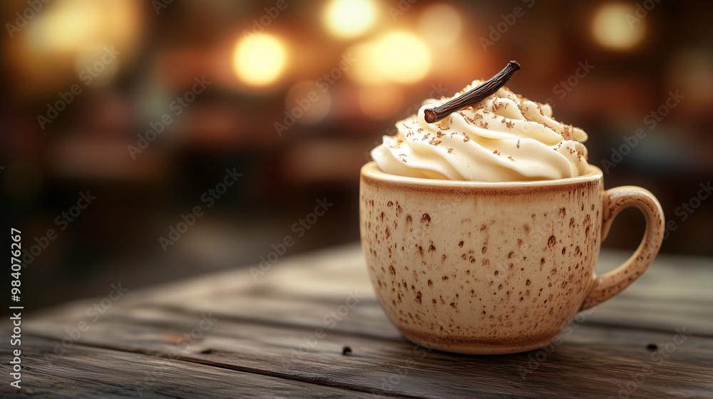 Creamy Vanilla Latte in Rustic Mug with Whipped Cream Topping on Wooden Table, Warm Ambient Lighting Creamy Vanilla Latte in Rustic Mug with Whipped Cream Topping on Wooden Table, Warm Ambient Lighting