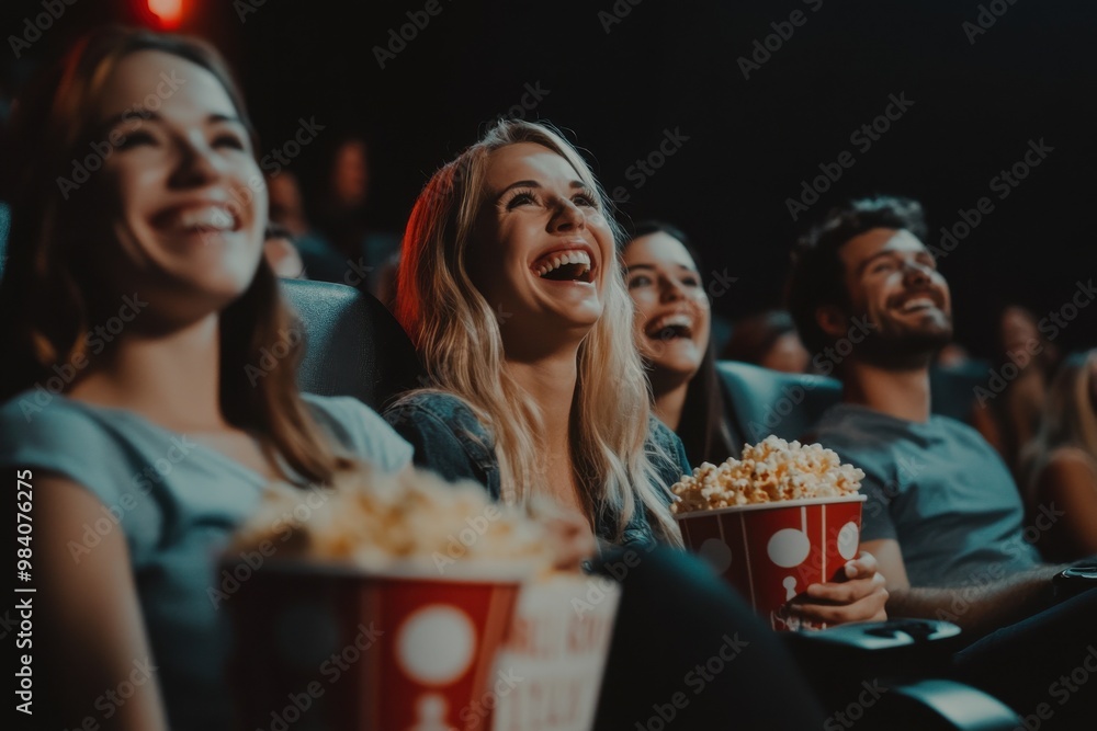 A group of friends sitting in a dimly lit movie theater, laughing and enjoying a film A group of friends sitting in a dimly lit movie theater, laughing and enjoying a film