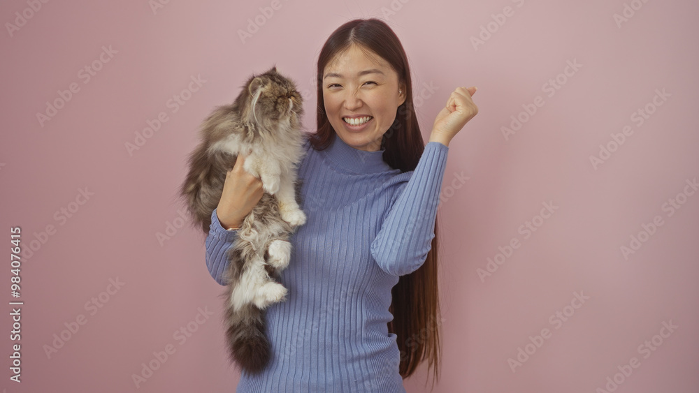 Young chinese woman holding a fluffy cat over a pink background, both smiling joyfully. Young chinese woman holding a fluffy cat over a pink background, both smiling joyfully.