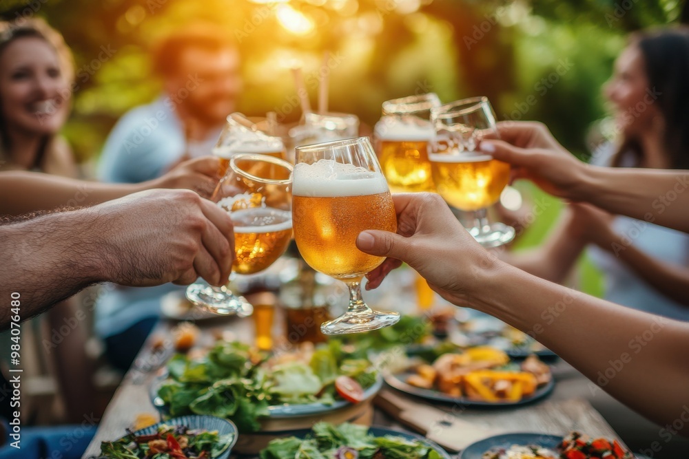 A group of friends toasting with glasses of beer and cocktails at an outdoor gathering A group of friends toasting with glasses of beer and cocktails at an outdoor gathering