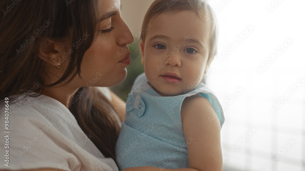 Woman holding infant girl in a home living room setting showcasing family love and togetherness indoors with a tender embrace. Woman holding infant girl in a home living room setting showcasing family love and togetherness indoors with a tender embrace.