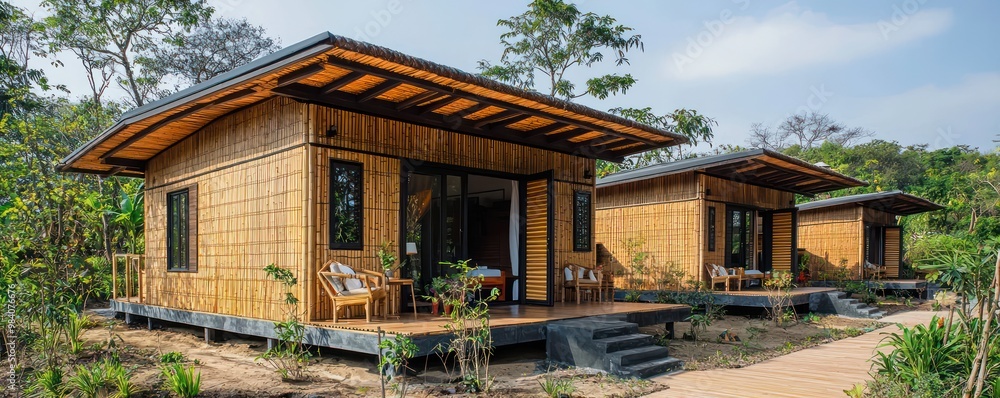 An eco-tourism resort with bungalows that feature bamboo-textured fiber cement siding, designed to provide durability while maintaining an organic aesthetic An eco-tourism resort with bungalows that feature bamboo-textured fiber cement siding, designed to provide durability while maintaining an organic aesthetic