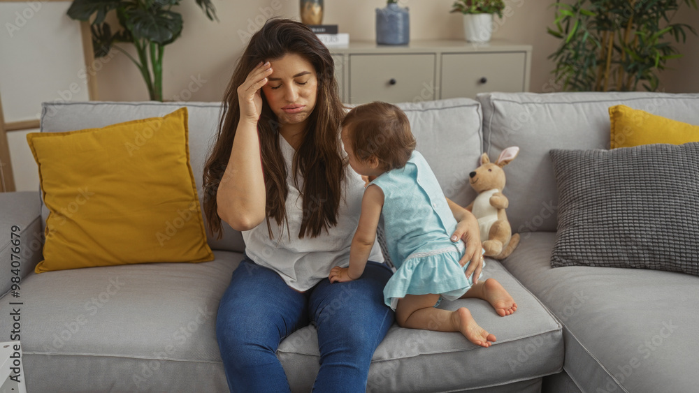 Tired woman with toddler daughter in living room showing family love and togetherness Tired woman with toddler daughter in living room showing family love and togetherness