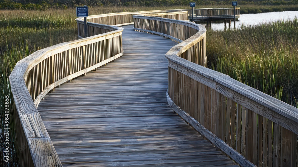 An elegant wooden boardwalk meandering through a coastal marsh, featuring viewing platforms and educational signage An elegant wooden boardwalk meandering through a coastal marsh, featuring viewing platforms and educational signage