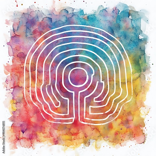 Watercolor Labyrinth on Colorful Abstract Background. photo