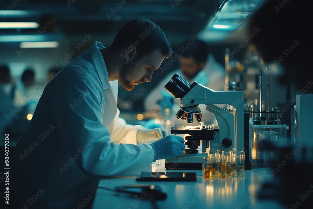 A group of scientists working in a high-tech laboratory, focused on using advanced A group of scientists working in a high-tech laboratory, focused on using advanced