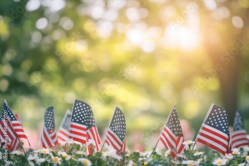 A group of small American flags placed together in a cluster, their red, white