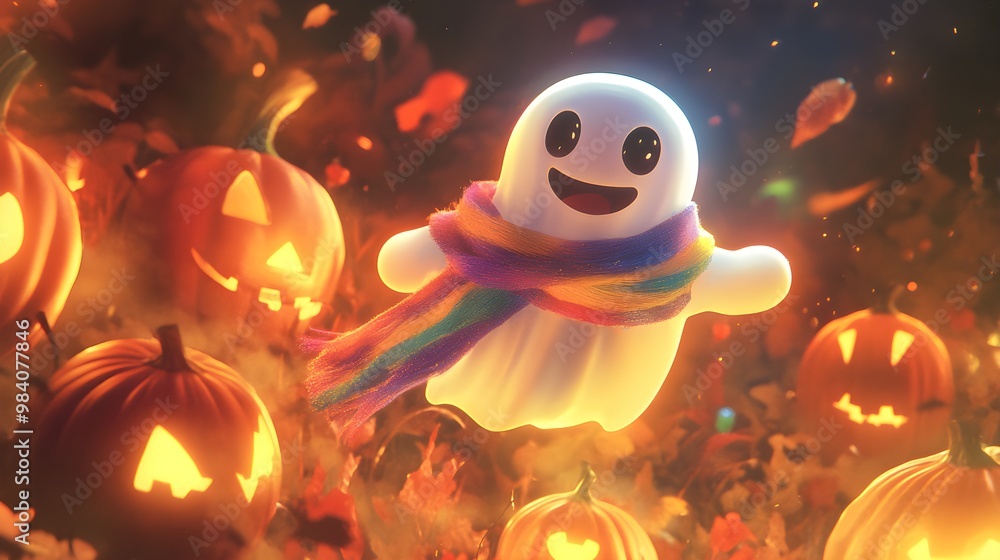 Happy Halloween Ghost with Jack o Lantern Pumpkins Happy Halloween Ghost with Jack o Lantern Pumpkins