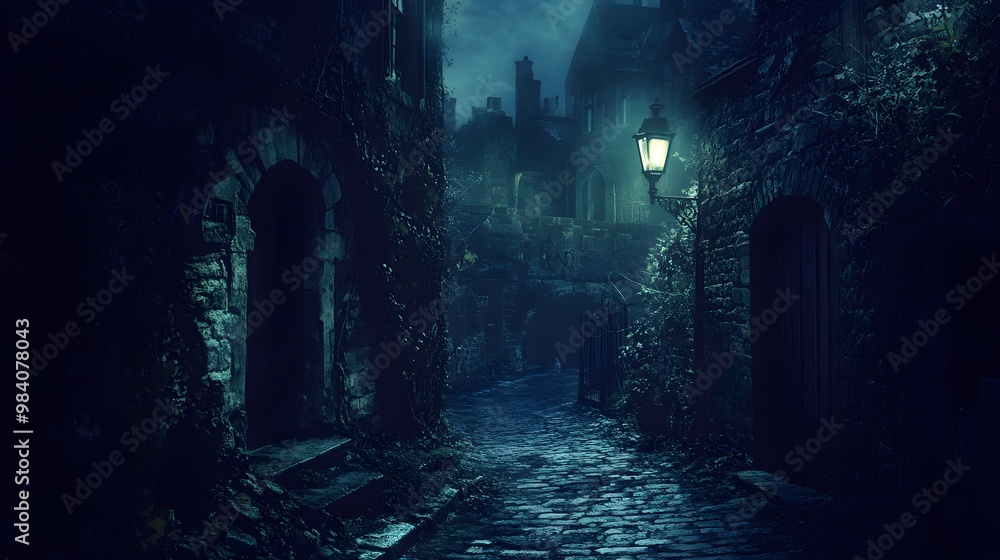 Dark Cobblestone Alleyway with Gas Lamp at Night Dark Cobblestone Alleyway with Gas Lamp at Night