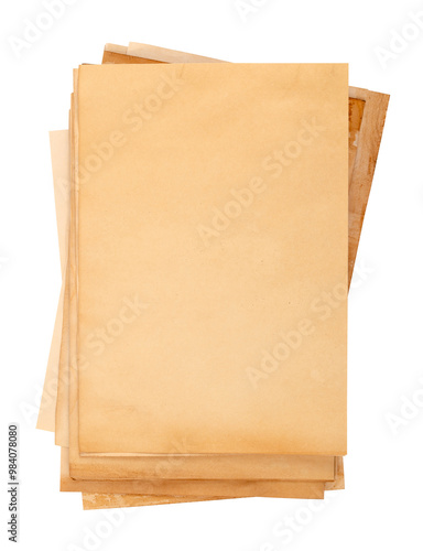 Stack old papers isolated on white background.