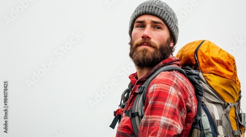 A rugged man in outdoor gear stands against a misty backdrop, exuding adventure with his backpack and warm clothing.