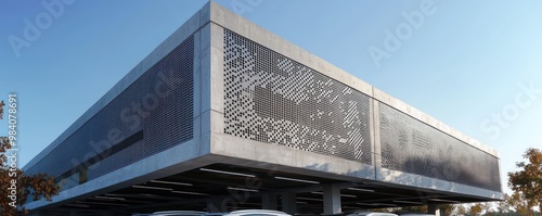 An innovative car park structure with a ventilated facade made from perforated fiber cement panels, providing natural cooling while maintaining a modern look