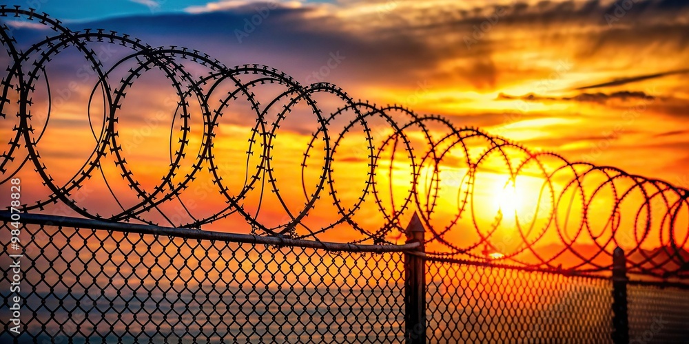 Asymmetrical closeup of a fence with barbed wire in front of a sunset