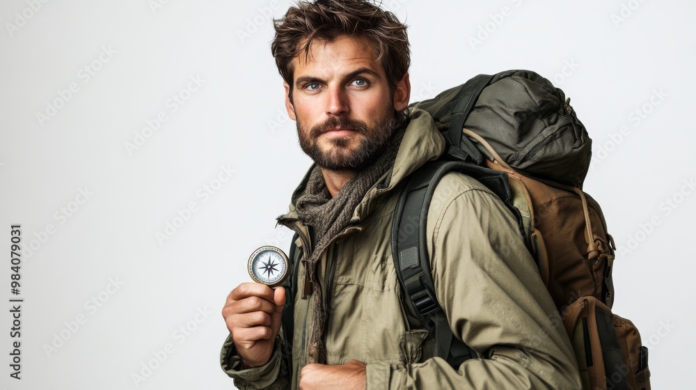 A rugged man holds a compass, dressed in outdoor gear, ready for adventure with a backpack on his shoulders. A rugged man holds a compass, dressed in outdoor gear, ready for adventure with a backpack on his shoulders.