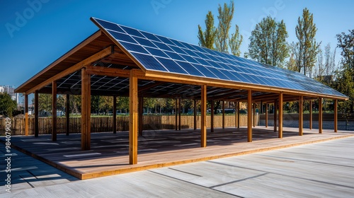 An innovative wooden car park structure that uses solar panels as a roof, blending functionality with green energy solutions