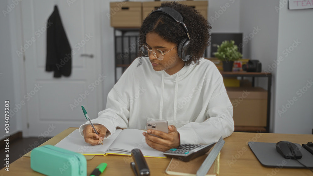 Young african american woman with curly hair wearing glasses and headphones, working with a notebook, phone, and calculator in an office interior.