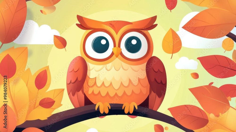 Fototapeta premium Adorable owl art surrounded by lush leaves, featuring a playful mix of bold flat design and cartoon flair.