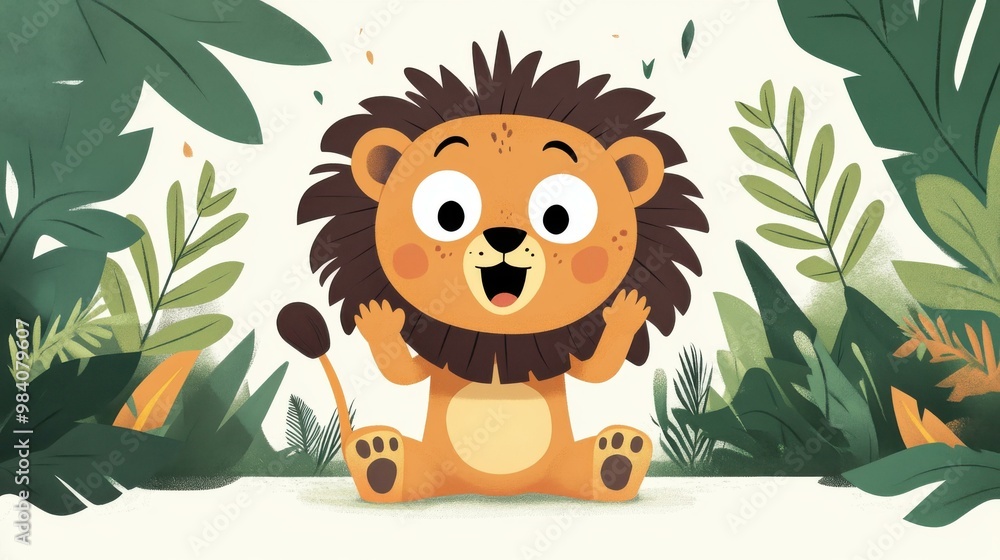 A cartoon lion in a lush jungle shows surprise at a loud noise, shifting from calm to alert in a playful scene. A cartoon lion in a lush jungle shows surprise at a loud noise, shifting from calm to alert in a playful scene.