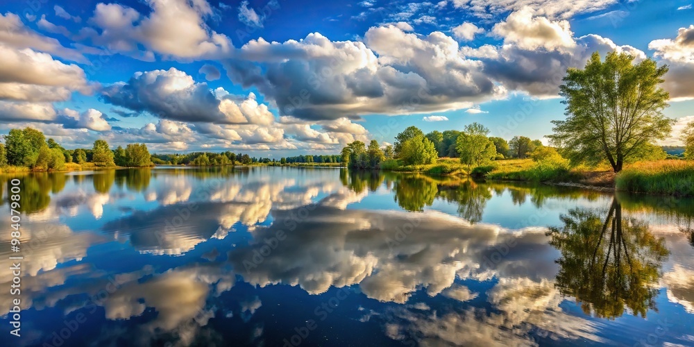 Fototapeta premium Asymmetrical daytime landscape with lake, trees, clouds, and reflection in the water