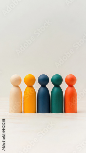 small wooden figures representing people in a row, symbolizing the concept of diversities suitable for business use. photo