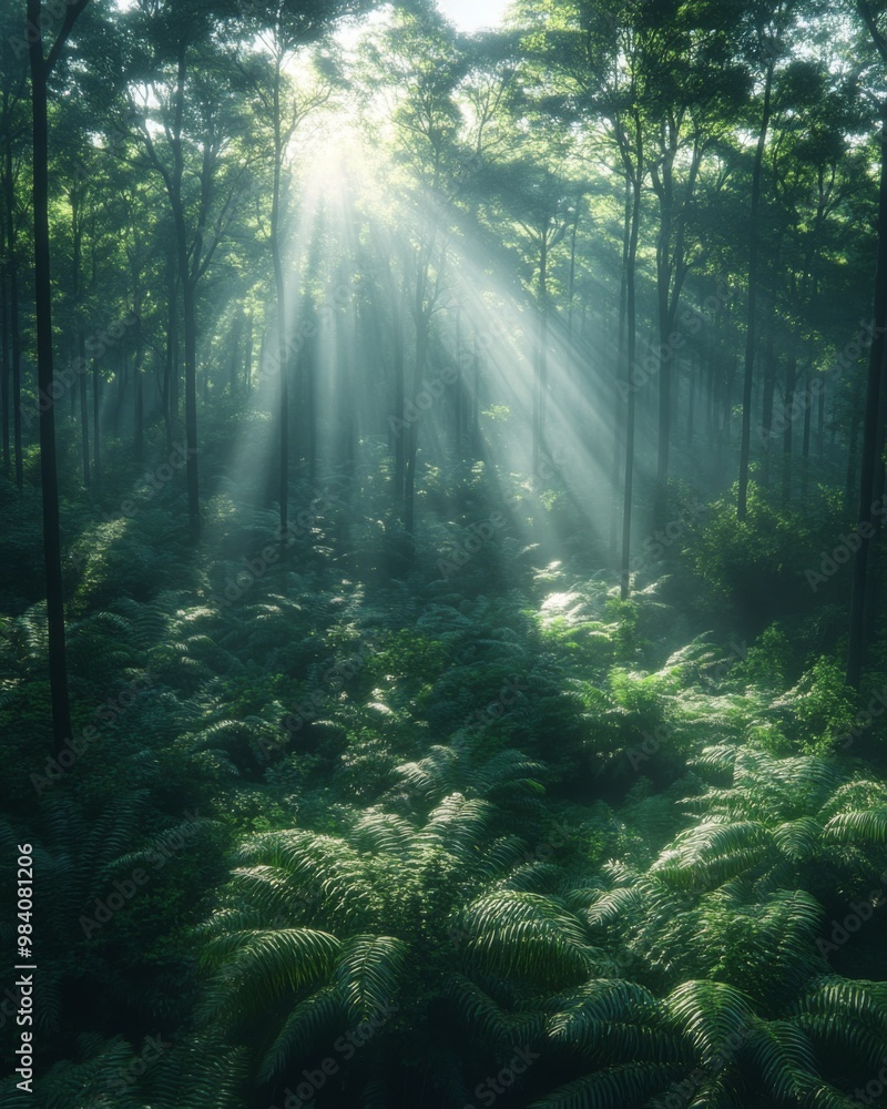Obraz premium Sunlight Rays Through Lush Green Forest Canopy