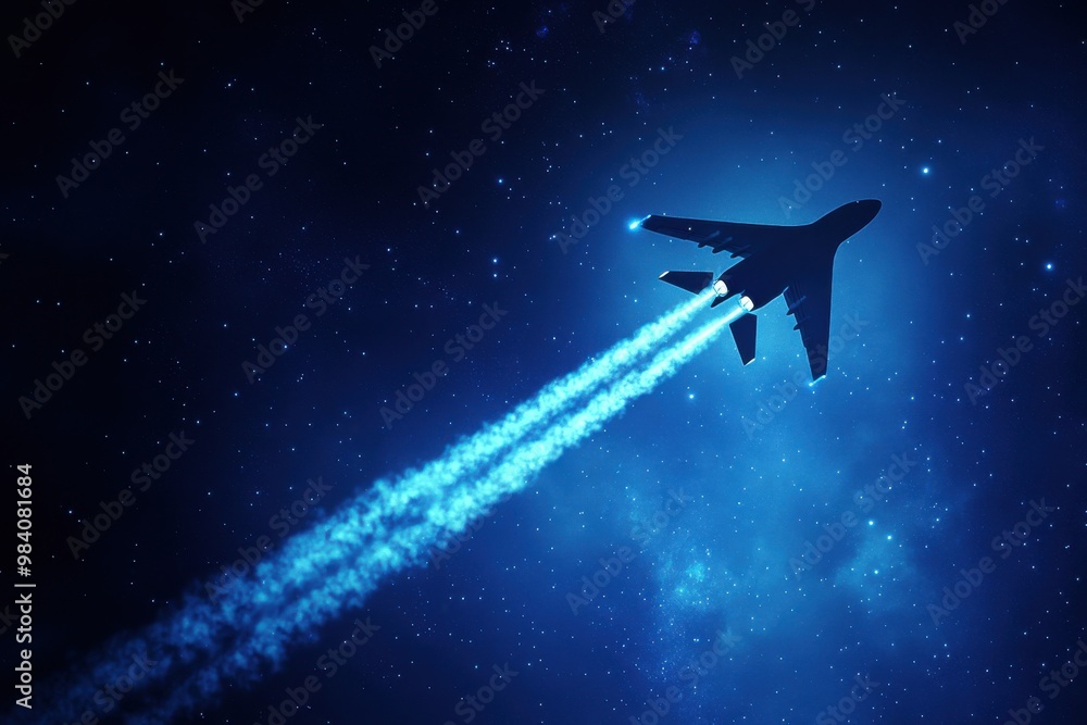 A jet flying high in the night sky, leaving behind a glowing blue contrail, the stars twinkling A jet flying high in the night sky, leaving behind a glowing blue contrail, the stars twinkling