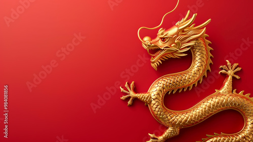 Golden Chinese dragon on  vibrant red background symbolizing power and prosperity