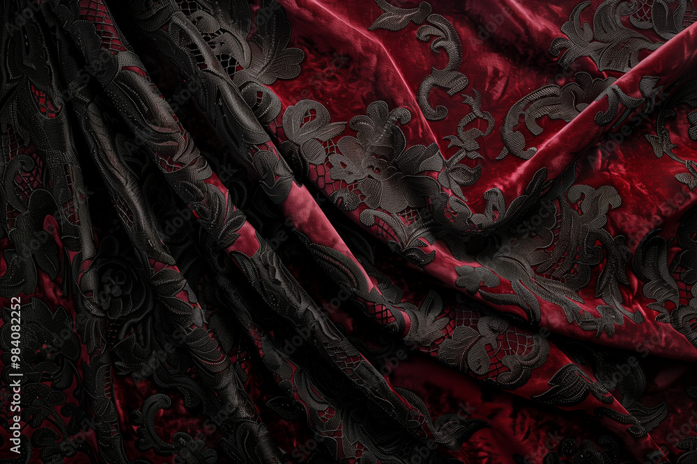 A rich red and black patterned silk fabric, adding a touch of royalty and elegance, perfect for high-end fashion or interior design. A rich red and black patterned silk fabric, adding a touch of royalty and elegance, perfect for high-end fashion or interior design.