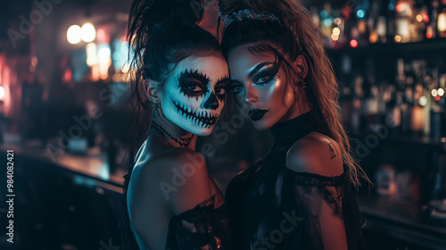 Two women with painted faces and skulls are posing for a photo