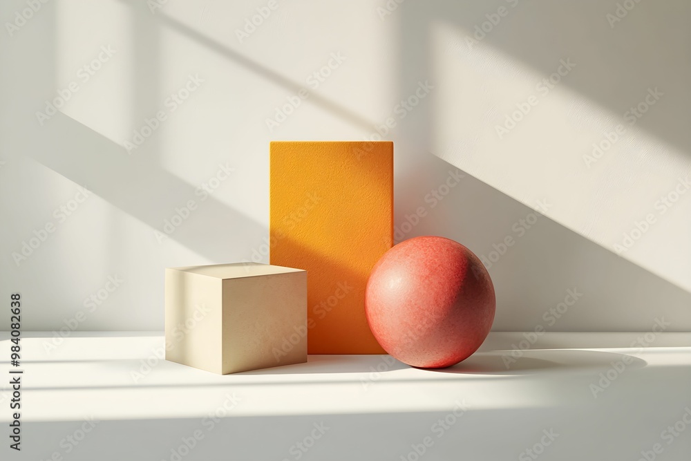Minimalist geometric shapes in soft sunlight on a neutral backdrop Minimalist geometric shapes in soft sunlight on a neutral backdrop