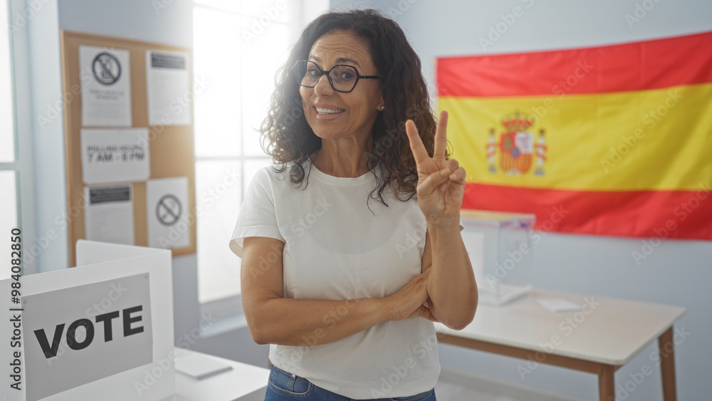Woman smiling indoors showing peace sign in spanish polling station with spain flag in the background Woman smiling indoors showing peace sign in spanish polling station with spain flag in the background
