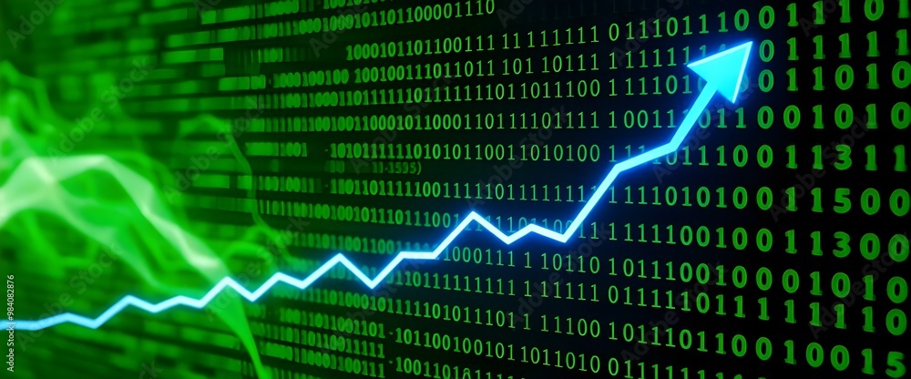 A background filled with flowing binary code in shades of green, overlaid with a sharp, upward-trending economic line chart. A background filled with flowing binary code in shades of green, overlaid with a sharp, upward-trending economic line chart.