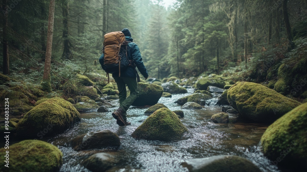 A hiker navigates a rocky stream in a lush forest, surrounded by greenery and tranquility. A hiker navigates a rocky stream in a lush forest, surrounded by greenery and tranquility.
