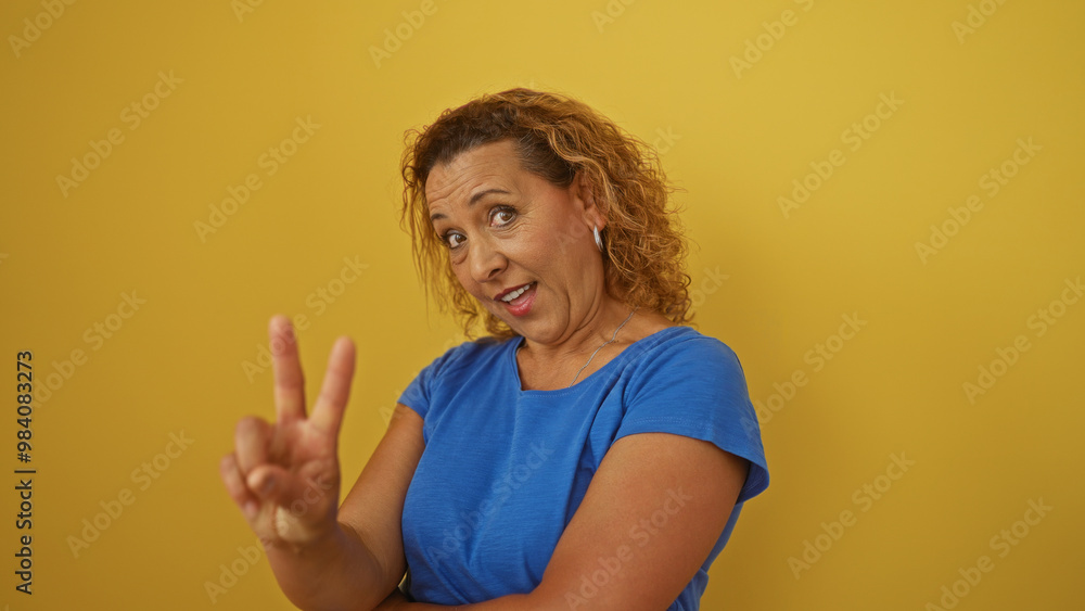 A beautiful hispanic middle-aged woman with curly hair makes a peace sign gesture against a vibrant yellow background, radiating positivity and confidence. A beautiful hispanic middle-aged woman with curly hair makes a peace sign gesture against a vibrant yellow background, radiating positivity and confidence.