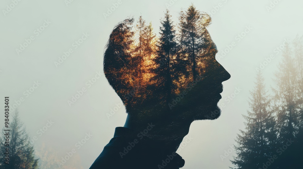 Nature's Embrace - Double Exposure of Man's Silhouette Filled with Forest Scenery on Dark Background Nature's Embrace - Double Exposure of Man's Silhouette Filled with Forest Scenery on Dark Background