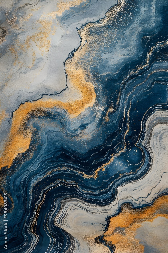 Abstract background with swirling blue, gray, and gold patterns. Abstract background with swirling blue, gray, and gold patterns.