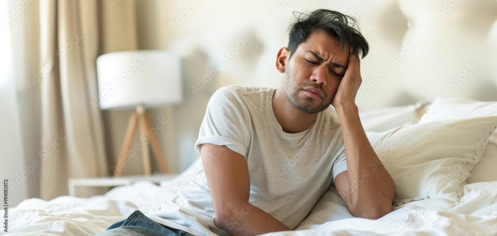 A man sitting on a bed, expressing feelings of stress and discomfort, surrounded by a softly lit room. A man sitting on a bed, expressing feelings of stress and discomfort, surrounded by a softly lit room.