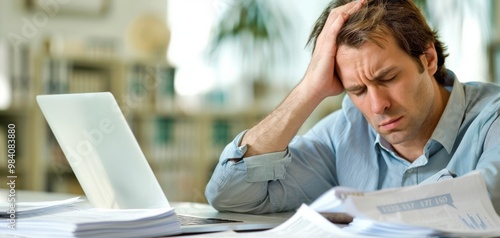 Frustrated man working on finances at a desk surrounded by paperwork and a laptop.