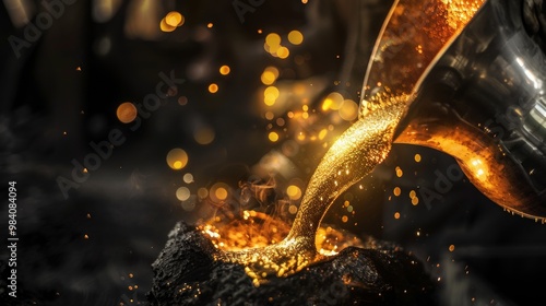 Foundry worker pouring molten metal into mold, capturing intense heat and precision of metalworking process with glowing liquid metal contrasting against dark industrial background.