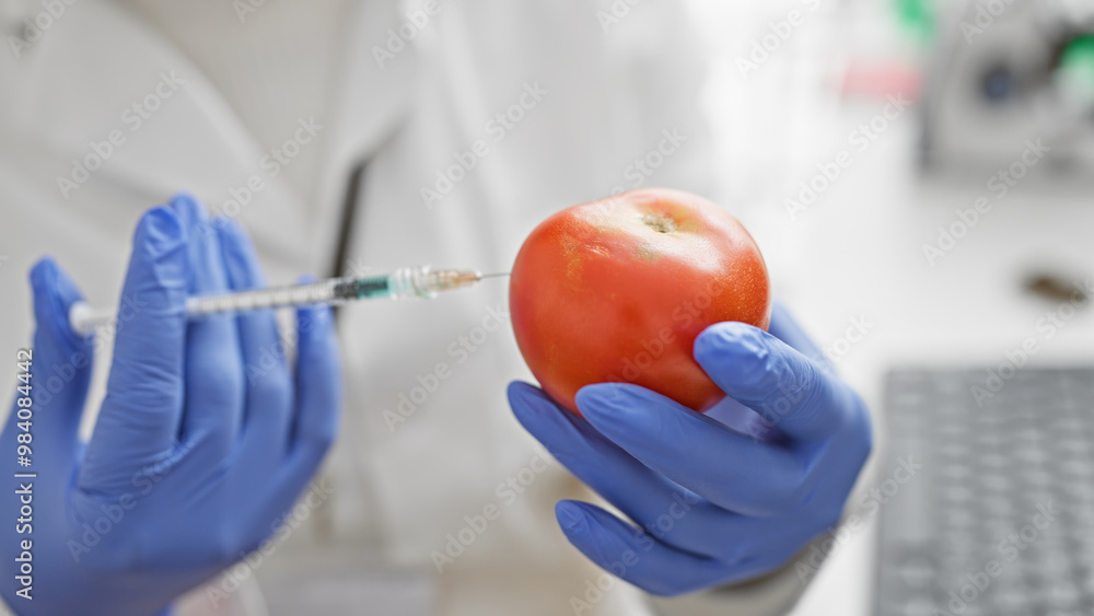 A person in gloves injects a tomato in a lab, depicting science, food modification, or healthcare research. A person in gloves injects a tomato in a lab, depicting science, food modification, or healthcare research.